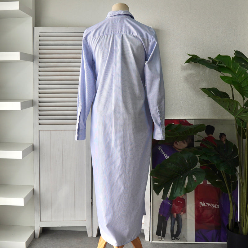 ローレン ラルフローレン ストライプ柄 ロング丈 シャツワンピース ブルー