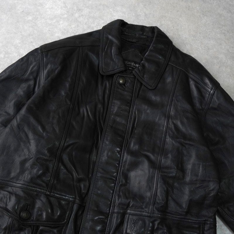 イヴ サンローラン ヴィンテージ エンボス YSLロゴ レザージャケット レザーブルゾン ブラック