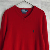 ポロ ラルフローレン Vネック スモールポニーロゴ ウール ニット レッド