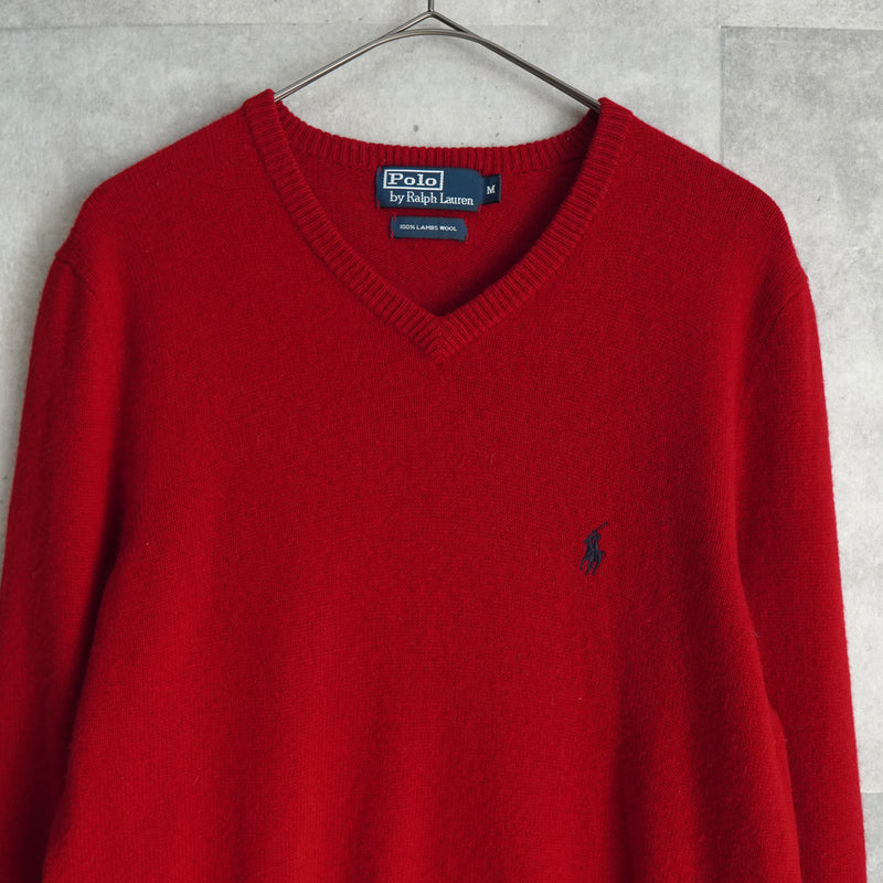 ポロ ラルフローレン Vネック スモールポニーロゴ ウール ニット レッド