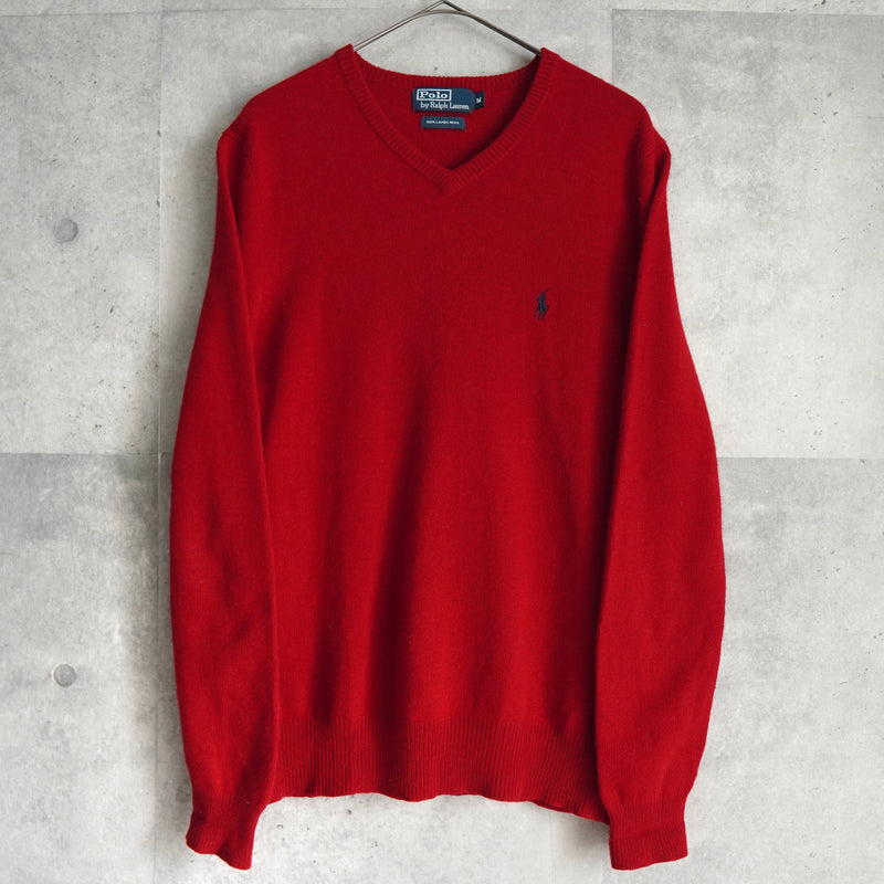 ポロ ラルフローレン Vネック スモールポニーロゴ ウール ニット レッド