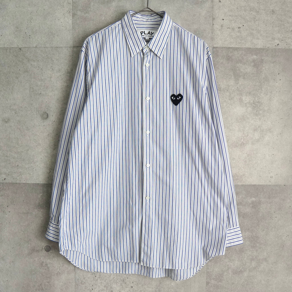 プレイ コムデギャルソン ハートロゴ ストライプ柄 長袖シャツ ブルー / ホワイト
