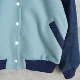 メゾン キツネ フェルトロゴ デニム切り替え ウール ブルゾン スタジャン ブルー