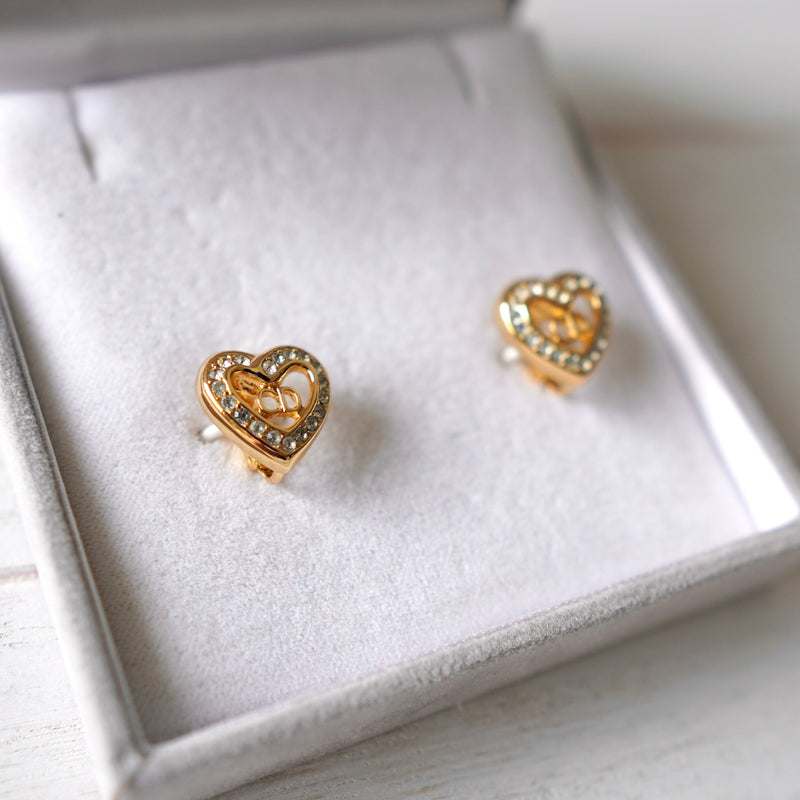 Heart Motif Rhinestone Gold Necklace & Earring