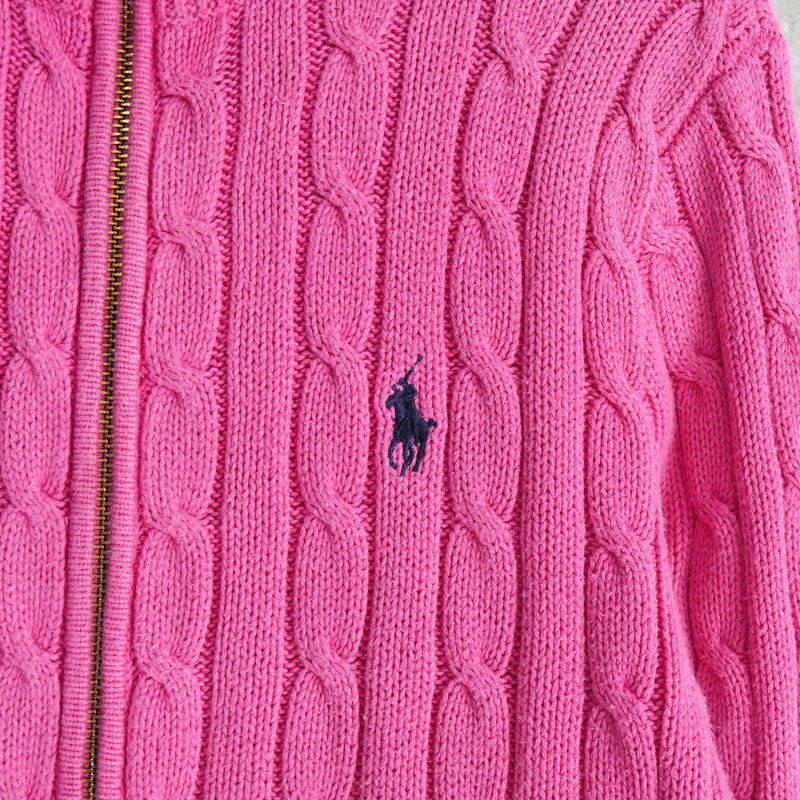 ポロ ラルフローレン スモールポニーロゴ ケーブル編み フルジップ ニット ピンク レディース