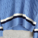 ローレン ラルフローレン ロゴ Vネック ケーブル編み チルデンニット ライトブルー レディース