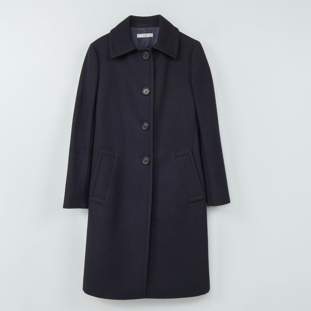 プラダ ウール ステンカラーコート ネイビー レディース