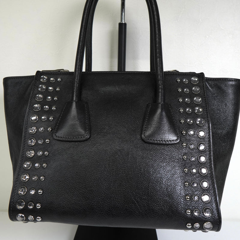 プラダ レザー ビジュー スタッズ 2way ハンドバッグ ショルダーバッグ ブラック
