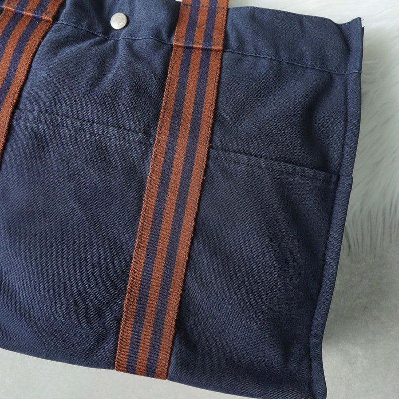 エルメス フールトゥMM キャンバス ハンドバッグ ネイビー / ブラウン