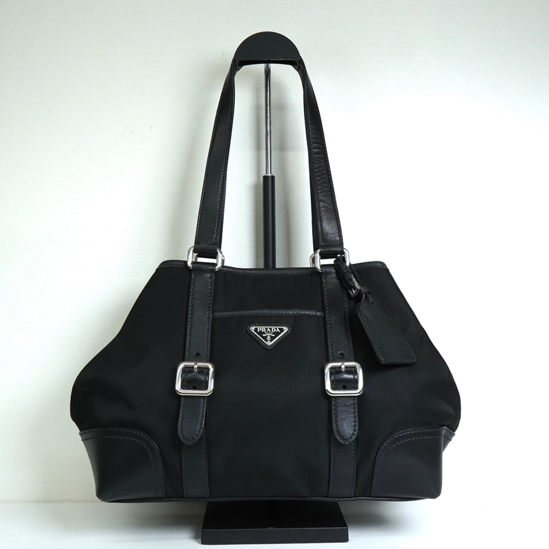 プラダ トライアングルロゴ テスート ポコノ ナイロン レザー トートバッグ ブラック