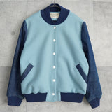 メゾン キツネ フェルトロゴ デニム切り替え ウール ブルゾン スタジャン ブルー