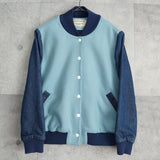 メゾン キツネ フェルトロゴ デニム切り替え ウール ブルゾン スタジャン ブルー