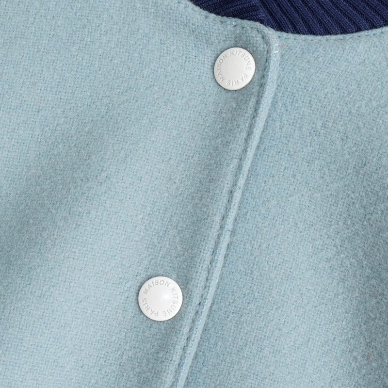 メゾン キツネ フェルトロゴ デニム切り替え ウール ブルゾン スタジャン ブルー