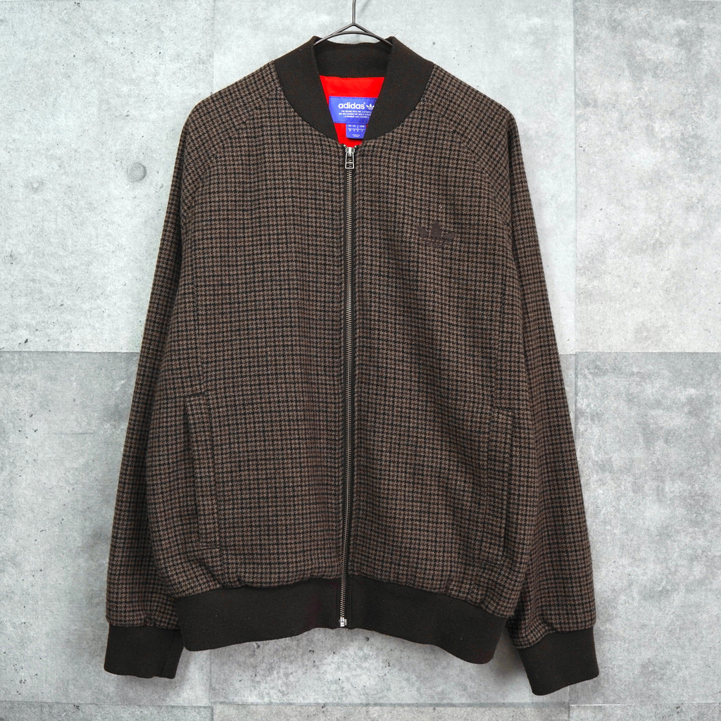 アディダス トレフォイルロゴ 千鳥格子柄 ウールジャケット ブルゾン ブラウン