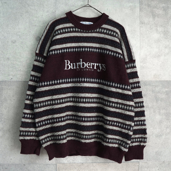バーバリー ボーダー柄 ロゴ 刺繍 ニット ボルドー / グレー