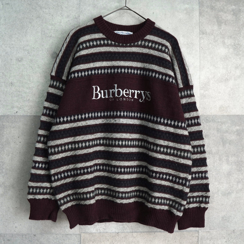 バーバリー ボーダー柄 ロゴ 刺繍 ニット ボルドー / グレー