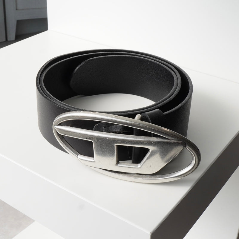 ディーゼル ロゴ レザー ベルト 80 / 32 ブラック / シルバー