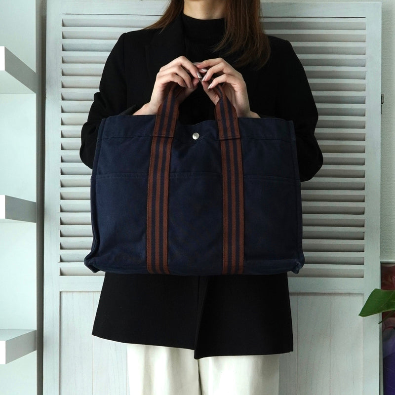 エルメス フールトゥMM キャンバス ハンドバッグ ネイビー / ブラウン