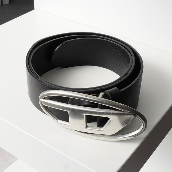 ディーゼル ロゴ レザー ベルト 80 / 32 ブラック / シルバー