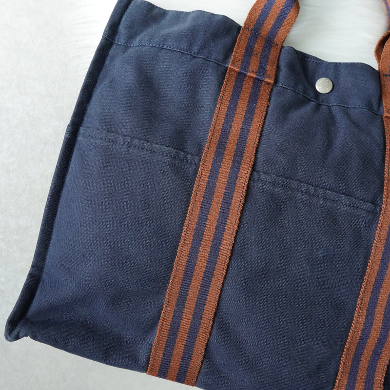 エルメス フールトゥMM キャンバス ハンドバッグ ネイビー / ブラウン