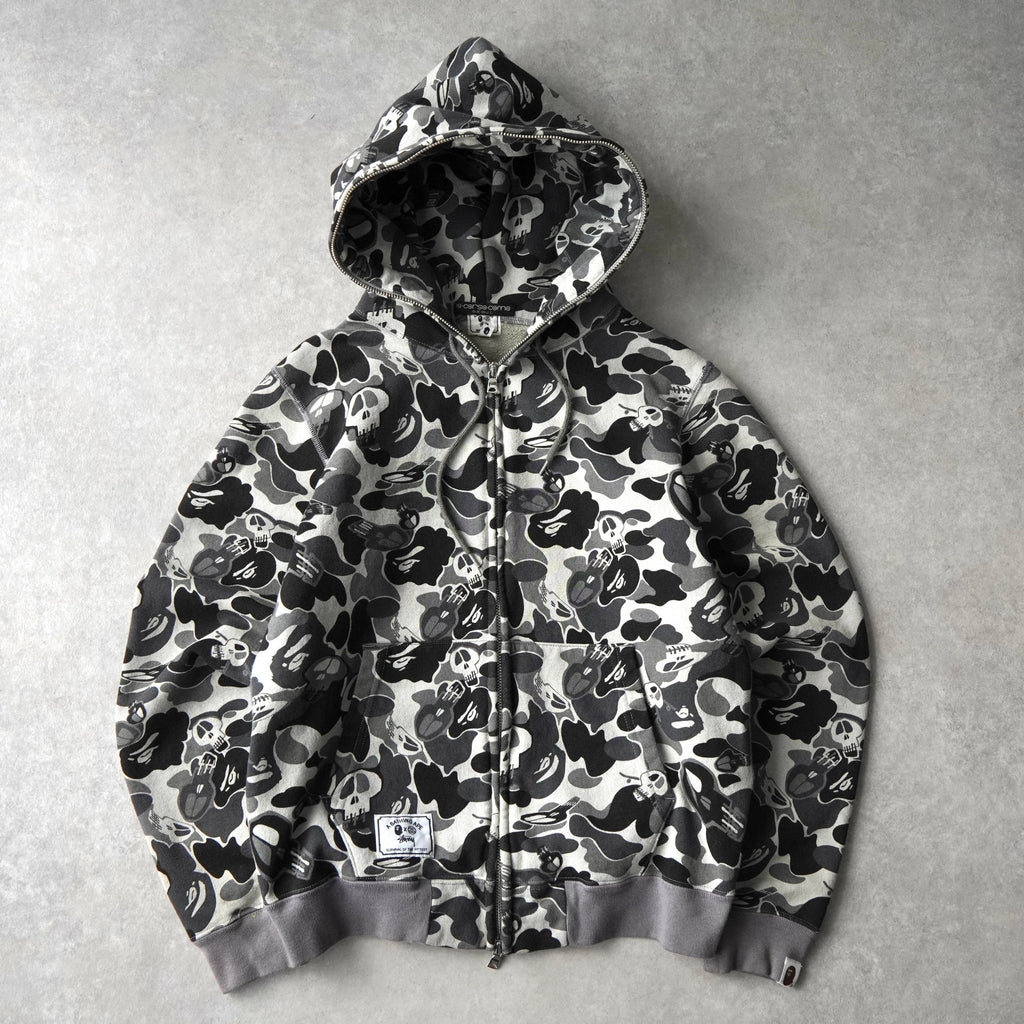 A BATHING APE × STUSSY ステューシー × エイプ スカル カモ ジップアップ フーディー パーカー グレー