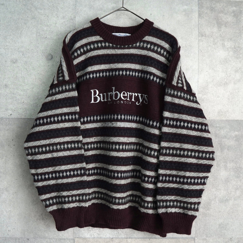 バーバリー ボーダー柄 ロゴ 刺繍 ニット ボルドー / グレー