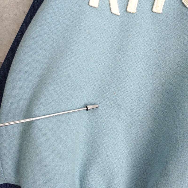 メゾン キツネ フェルトロゴ デニム切り替え ウール ブルゾン スタジャン ブルー