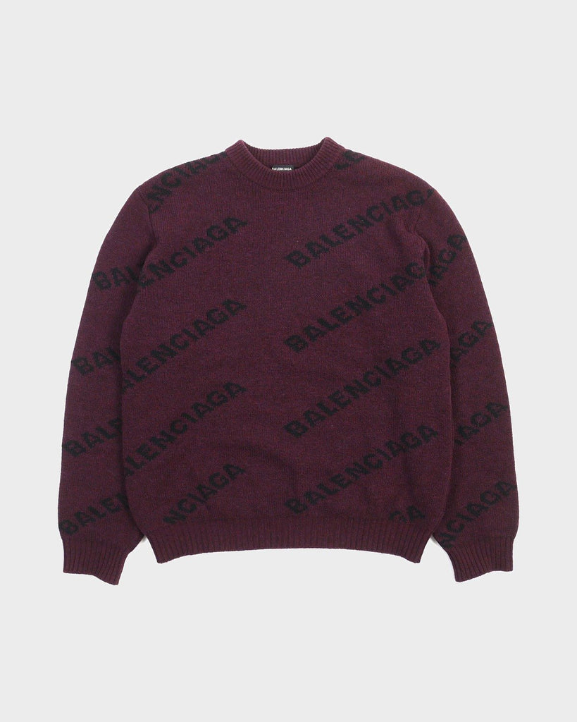 バレンシアガ ALL OVER LOGO ラウンドネック ロングスリーブ ニット ボルドー M メンズ