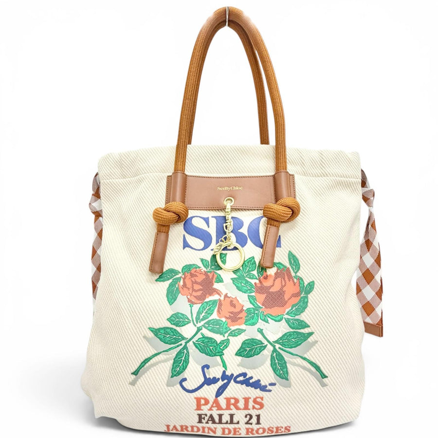 シーバイクロエ BETH CARRY ALL TOTE ロゴチャーム ローズプリント キャンバス トートバッグ アイボリー レディース - NEWSED