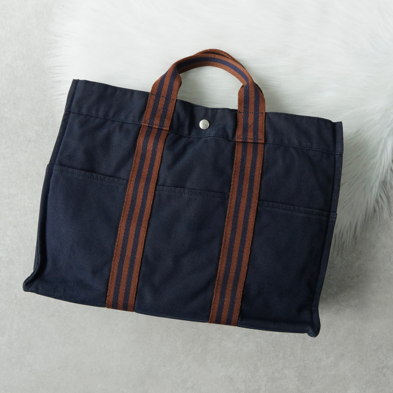 エルメス フールトゥMM キャンバス ハンドバッグ ネイビー / ブラウン