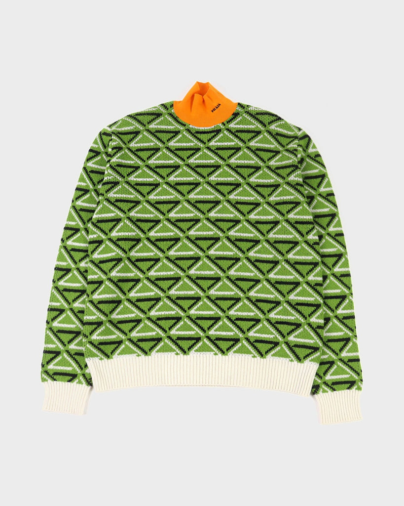 プラダ カシミア29% ロゴ刺繡 ハイネック ニット グリーン系 トライアングル柄 48 メンズ