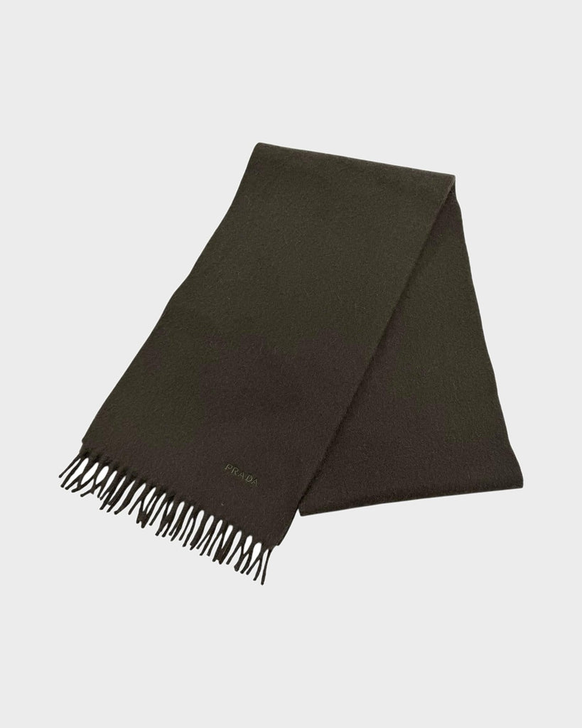 プラダ ロゴ刺繍入り 無地 フリンジ付 マフラー ダークブラウン 20×160 レディース