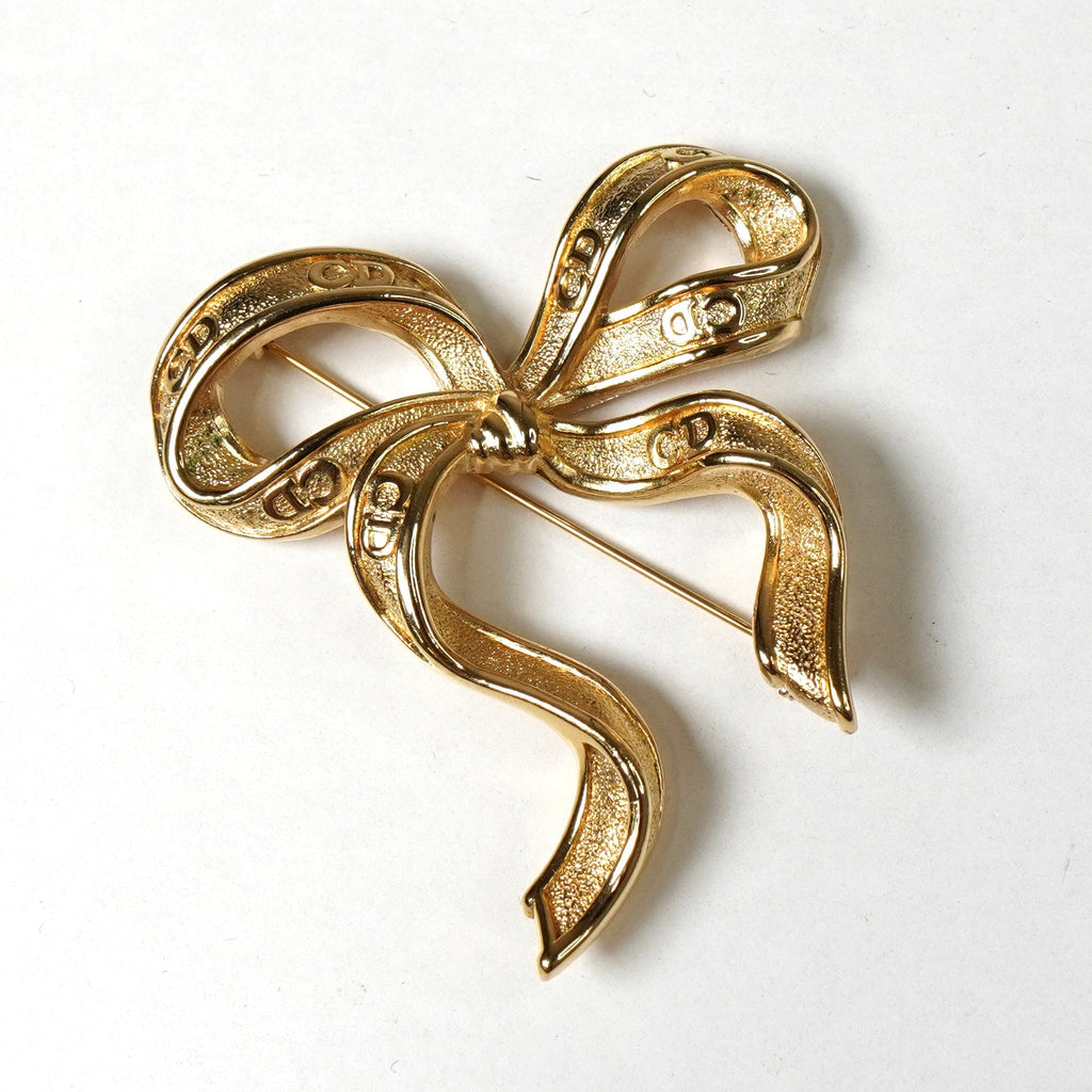 クリスチャン ディオール CDロゴ リボン ブローチ GPゴールド