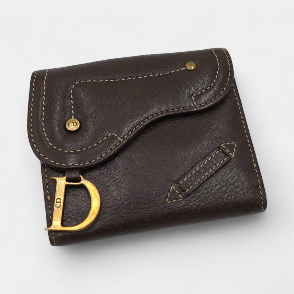 クリスチャン ディオール ヴィンテージ Dロゴ サドル レザー 二つ折り財布 ブラウン