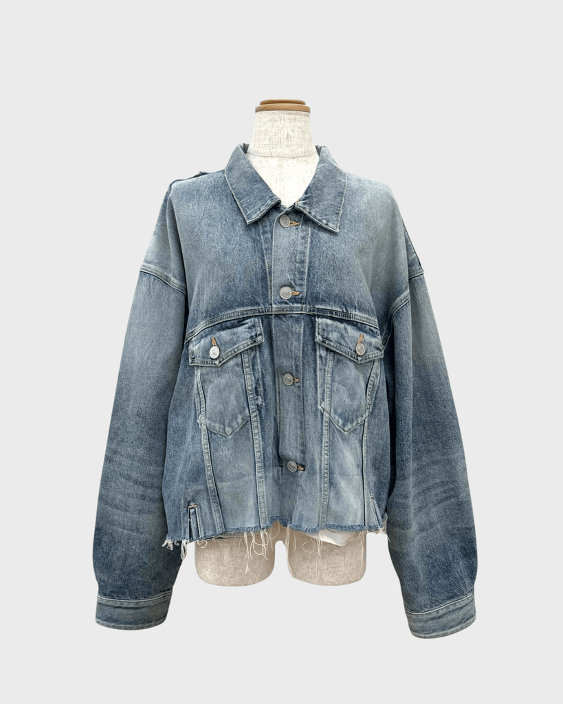 バレンシアガ Deconstructed Panelled Denim Jacke カットオフデザイン オーバーサイズ USED加工 デニムジャケット インディゴブルー 1 レディース