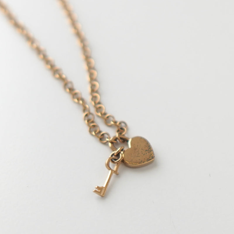 Dior Logo Heart Padlock and Key Motif GP Gold Necklace - NEWSED