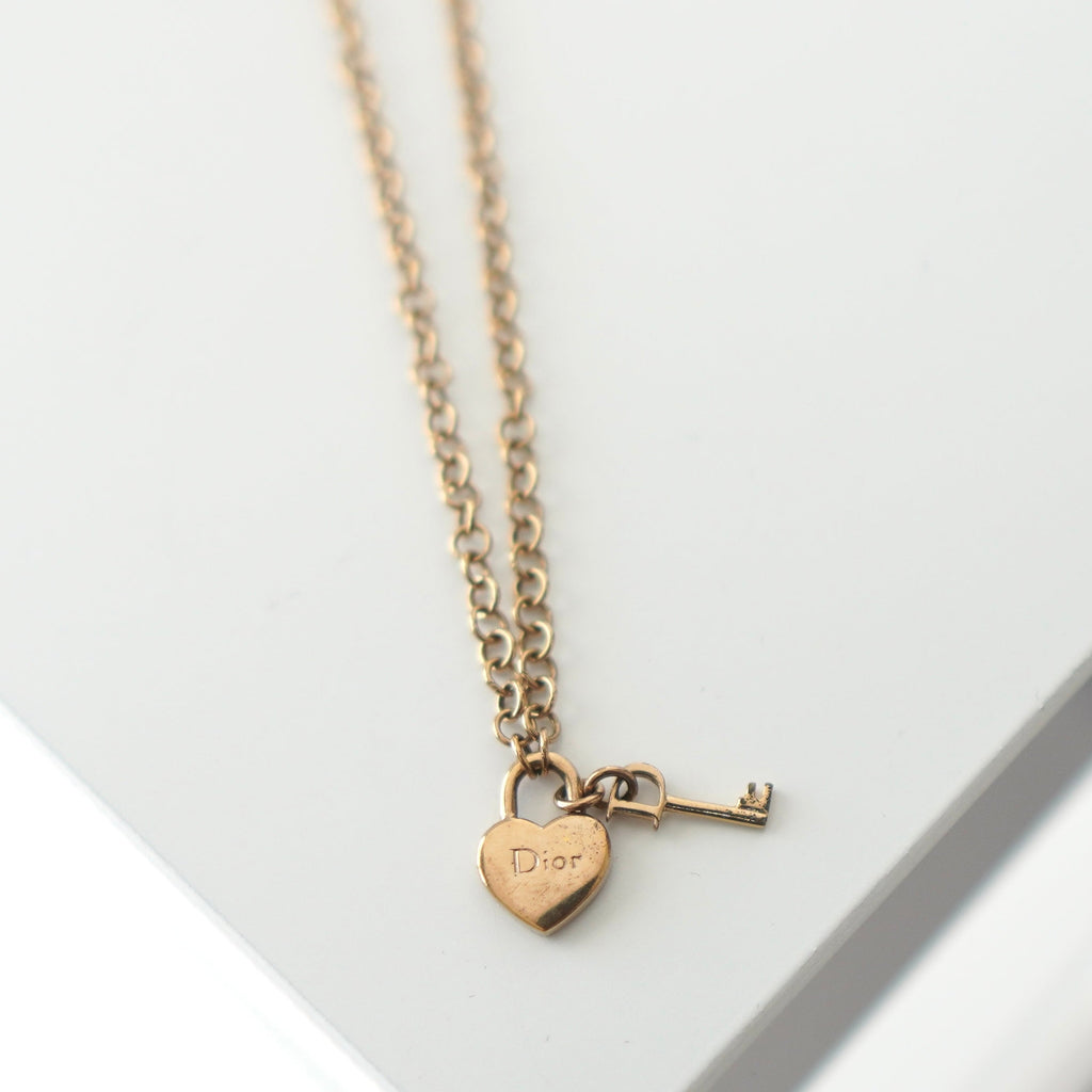 Dior Logo Heart Padlock and Key Motif GP Gold Necklace