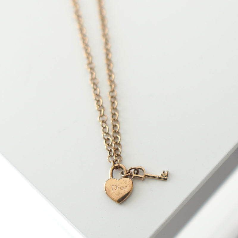 Dior Logo Heart Padlock and Key Motif GP Gold Necklace - NEWSED