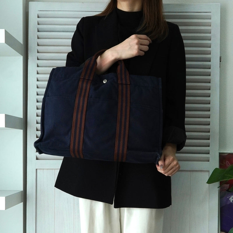 エルメス フールトゥMM キャンバス ハンドバッグ ネイビー / ブラウン