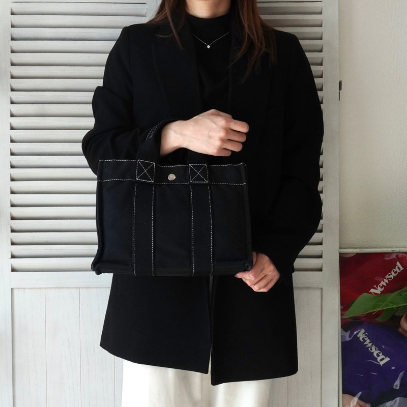 エルメス ドーヴィルPM キャンバス ハンドバッグ ブラック / ホワイトステッチ