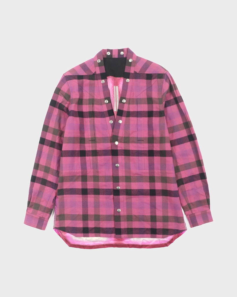 リックオウエンス FOGPOCKET LARRY SHIRT チェック柄 Vネック ロングスリーブ 長袖シャツ ピンク 40 メンズ