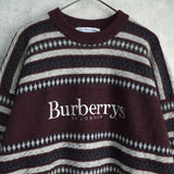 バーバリー ボーダー柄 ロゴ 刺繍 ニット ボルドー / グレー