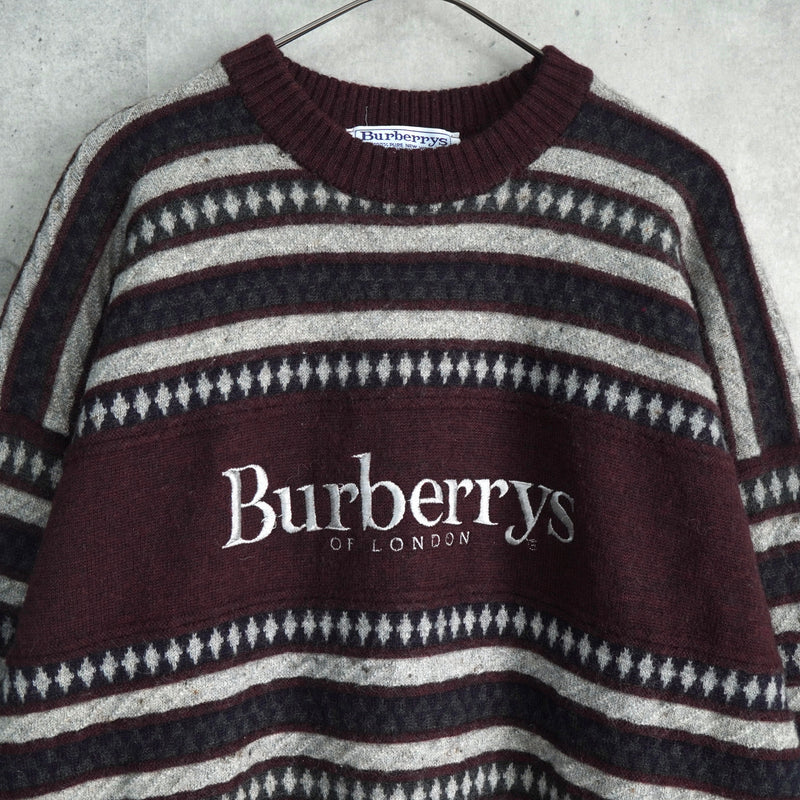 バーバリー ボーダー柄 ロゴ 刺繍 ニット ボルドー / グレー