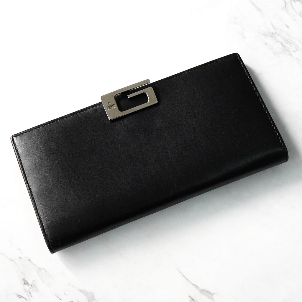 グッチ Gロゴ レザー 二つ折り長財布 ブラック