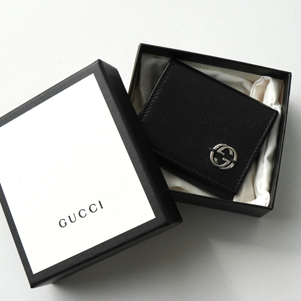 グッチ  インターロッキングG レザー 二つ折り コインケース ブラック 箱付き