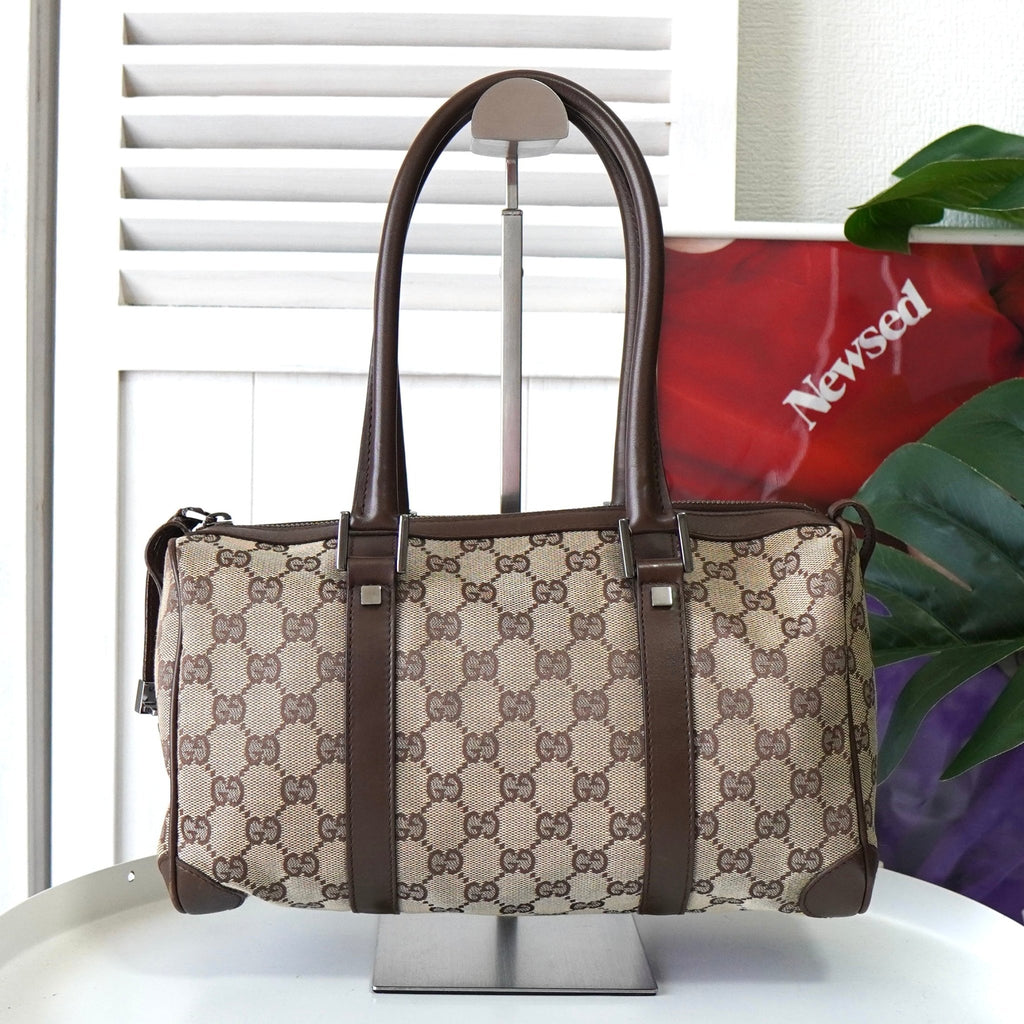 グッチ GGキャンバス / レザー ハンドバッグ ミニボストンバッグ 肩掛け ブラウン
