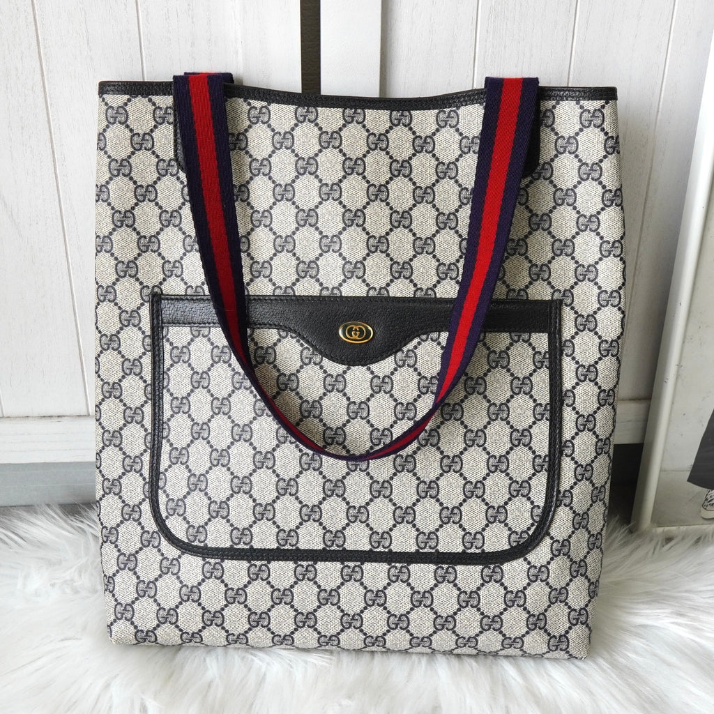 オールド グッチ シェリーライン GGスプリーム トートバッグ ホワイト / ネイビー