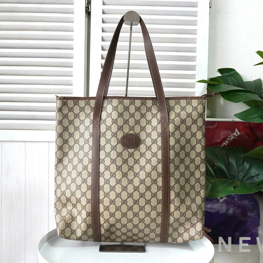 Gucci GG Supreme / Brown Leather Tote Bag