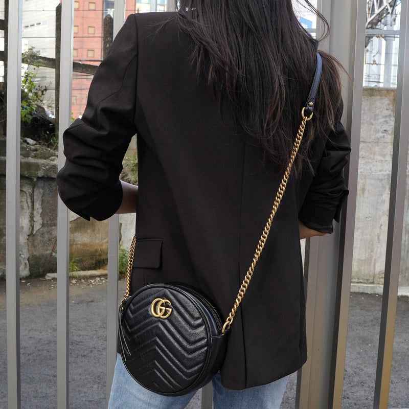 グッチ GGマーモント サークル ハート レザー チェーン ショルダーバッグ ブラック - NEWSED