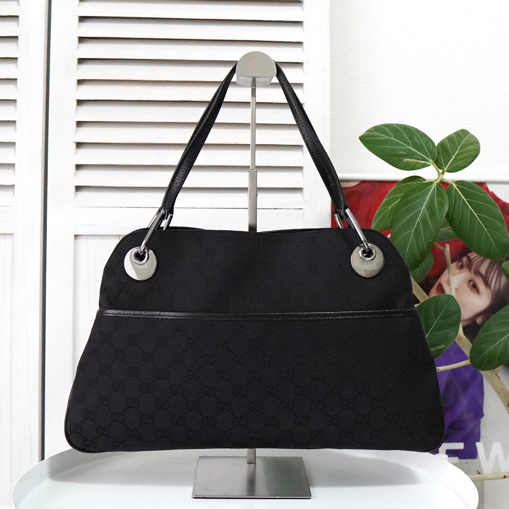 グッチ GGキャンバス / レザー トートバッグ ハンドバッグ ブラック